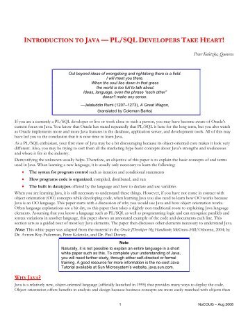 introduction to java — pl/sql developers take heart - NoCOUG