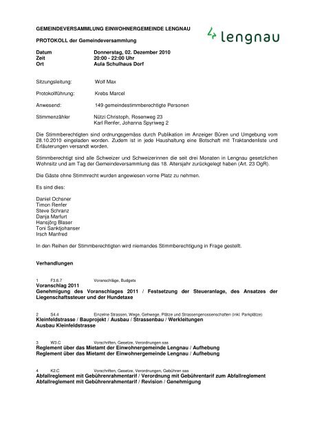 Protokoll der Gemeindeversammlung vom 02.12.2010