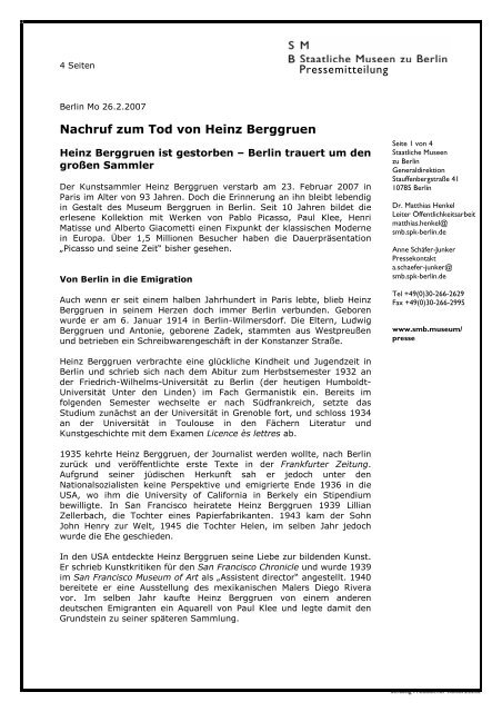 Pressemitteilung Nachruf zum Tod von Heinz Berggruen - Staatliche ...