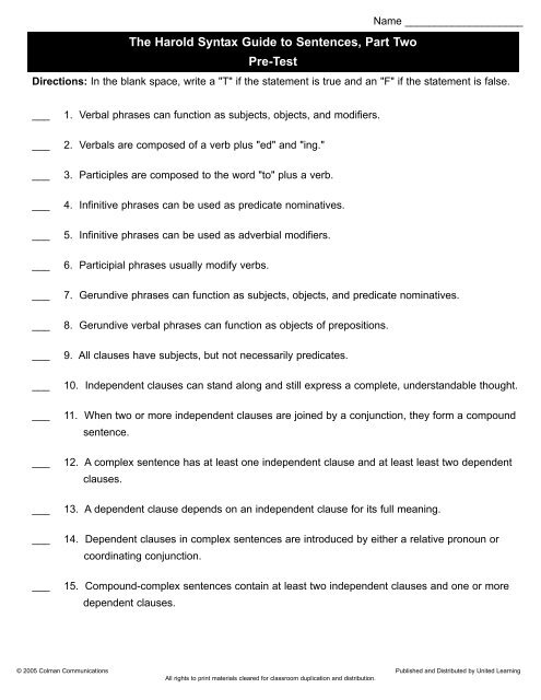 Pre And Post Test Complex Sentences