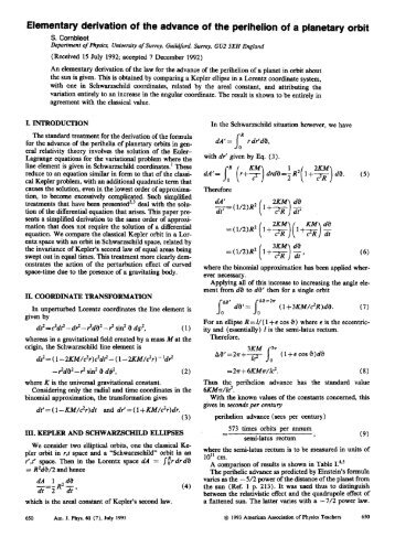Elementary derivation of the advance of the perihelion of a planetary ...