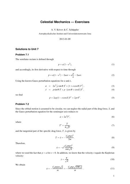 Celestial Mechanics — Exercises - Astrophysikalisches Institut und ...