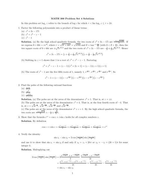 MATH 300 Problem Set 4 Solutions In this problem set logτ z refers ...