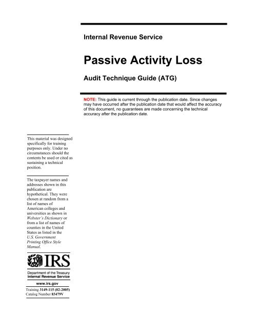Passive Activity Loss Audit Technique Guide Internal Revenue
