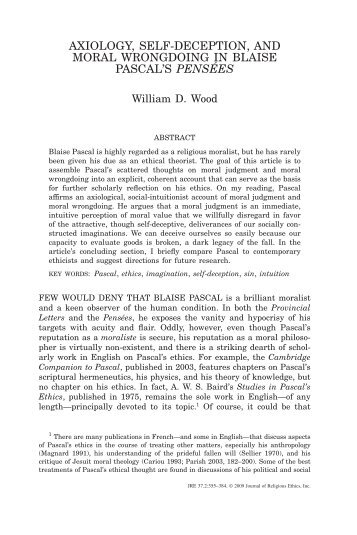 axiology, self-deception, and moral wrongdoing in blaise pascal's ...