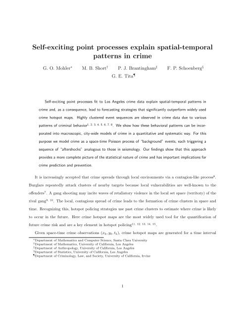 Self-exciting point processes explain spatial-temporal patterns in crime