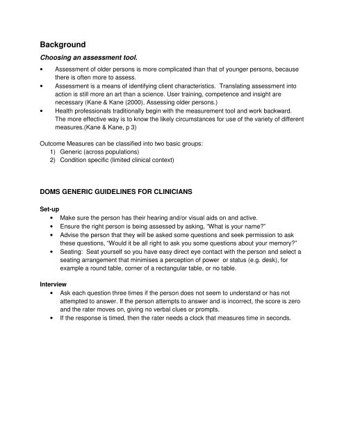 Generic Guidelines for Dementia Assessment - Dementia Outcomes ...