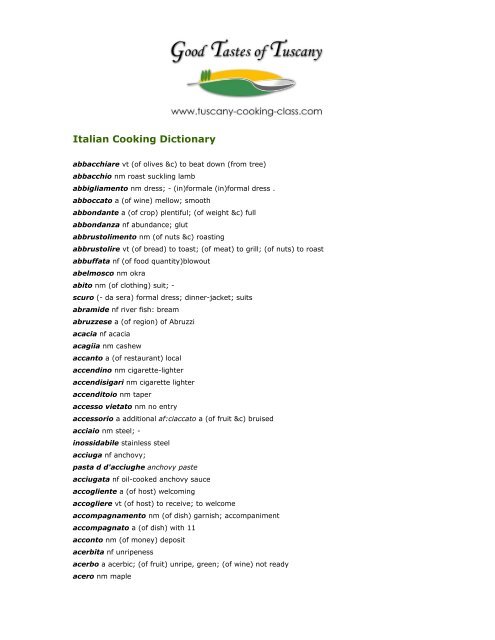 Italian Cooking Dictionary - NH Lakes Region Italian Cultural Club