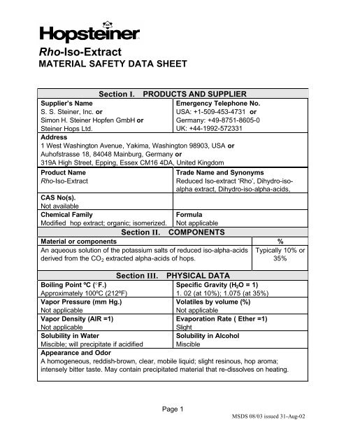 Rho-Iso-Extract MATERIAL SAFETY DATA SHEET - Hopsteiner