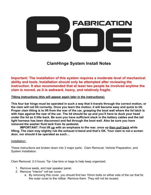 ClamHinge System Install Notes - BOE Fabrication