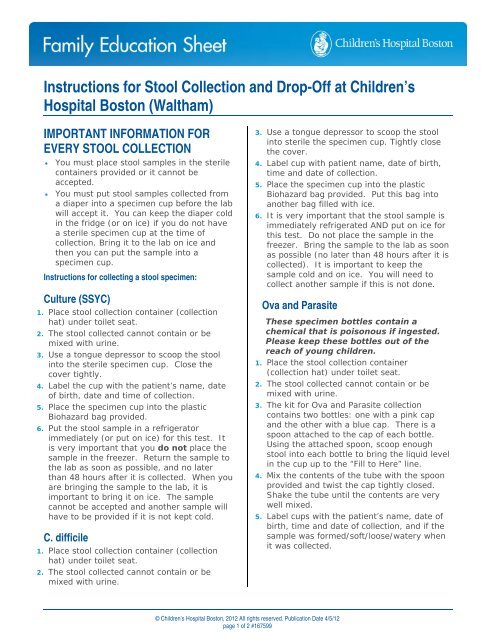 Instructions for Stool Collection and Drop-Off at Children's Hospital ...