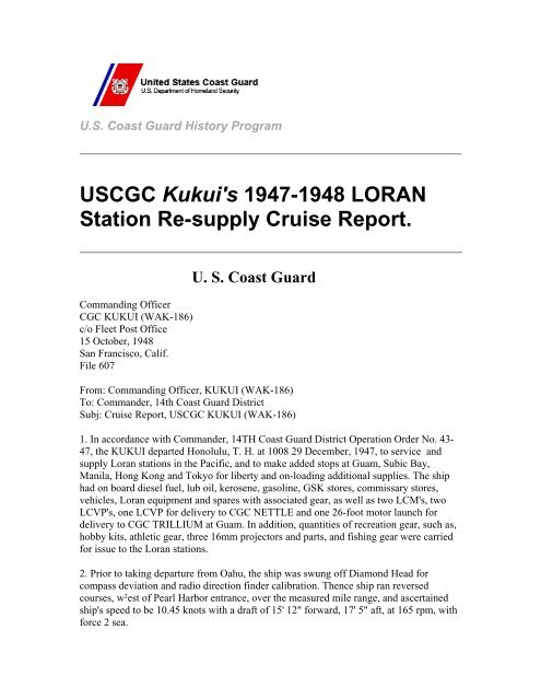 USCGC Kukui's 1947-1948 LORAN Station Re ... - U.S. Coast Guard