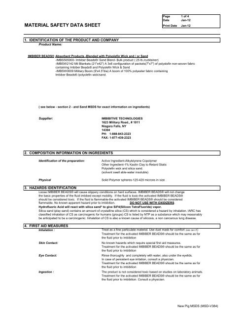 Material Safety Data Sheet (MSDS) for Imbiber Beads - New Pig