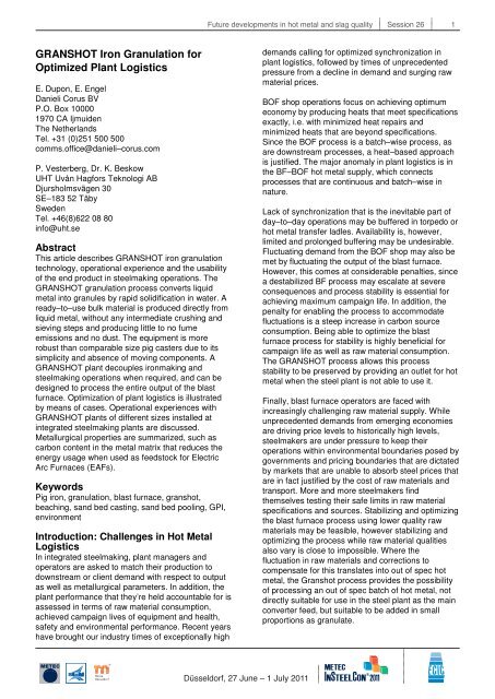 GRANSHOT Iron Granulation for Optimized Plant Logistics - UHT