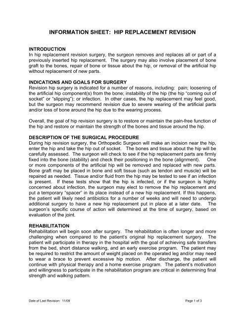 INFORMATION SHEET: TOTAL HIP REPLACEMENT