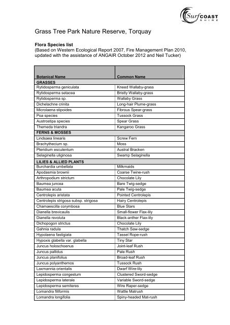 Flora Species List - Surf Coast Shire