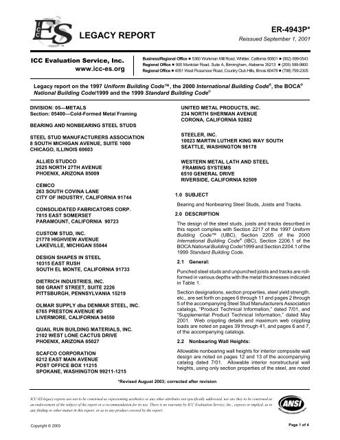 Er 4943 Bearing And Nonbearing Steel Studs Joists And Tracks