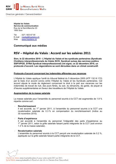 RSV – Hôpital du Valais : Accord sur les salaires 2011