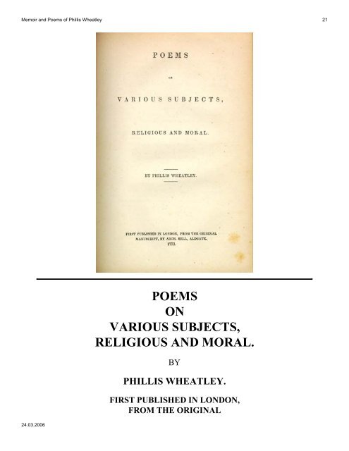 Memoir and Poems of Phillis Whe - African American History