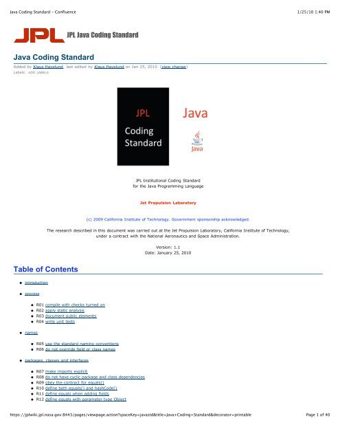 Java Coding Standard Table of Contents