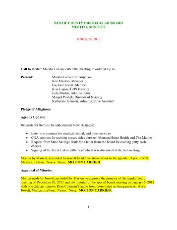 BENZIE COUNTY DHS REGULAR BOARD MEETING MINUTES ...