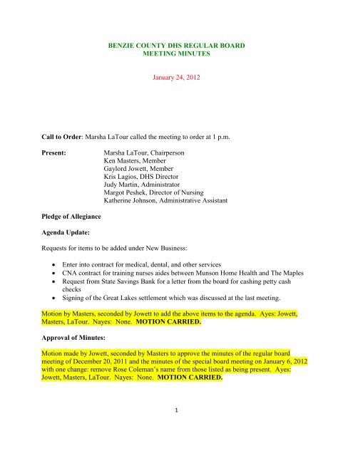 BENZIE COUNTY DHS REGULAR BOARD MEETING MINUTES