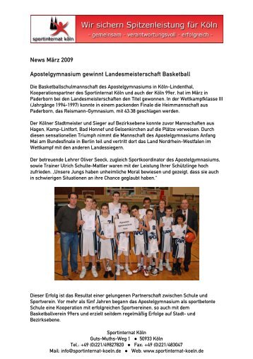 Apostelgymnasium KÃ¶ln ist Basketball-Landesmeister - Sportinternat