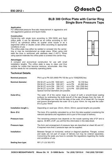 BLB 300 Orifice Plate with Carrier Ring Single Bore Pressure Taps