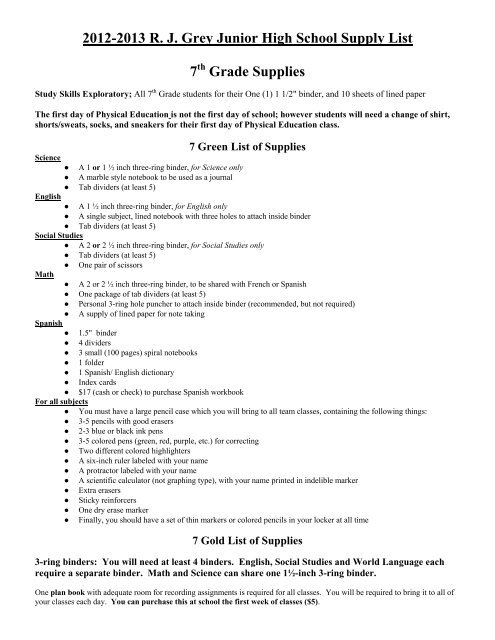 2012-2013 R. J. Grey Junior High School Supply List 7 Grade ...