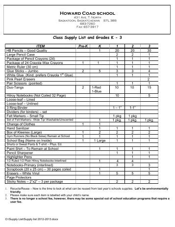 Class Supply List and Grades K - Saskatoon Public Schools
