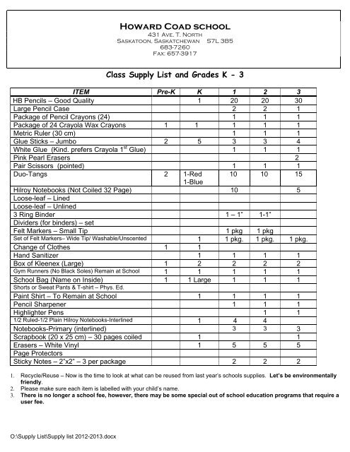 Class Supply List and Grades K - Saskatoon Public Schools
