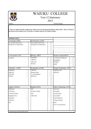 Year 12 Stationery List - Waiuku College