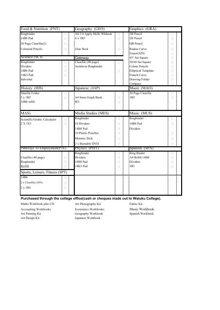 Year 12 Stationery List - Waiuku College