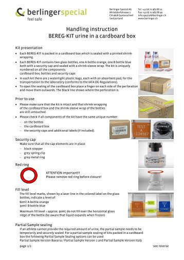 Handling instruction BEREG-KIT urine in a cardboard box