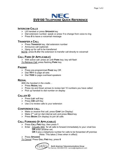 NEC SV8100 Quick Reference - North American ...