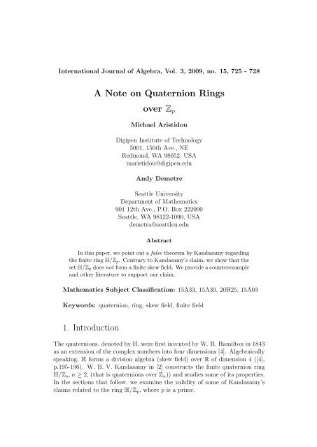 A Note on Quaternion Rings over Zp 1. Introduction