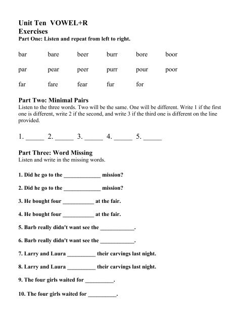 Unit Ten Vowel R Exercises 1