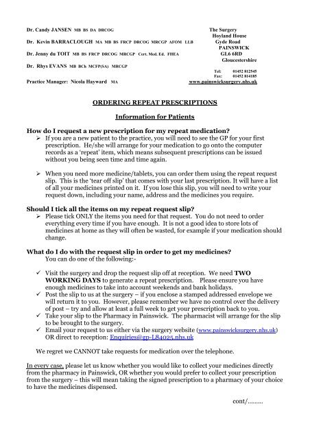 Information Re Repeat Prescriptions - Painswick Surgery