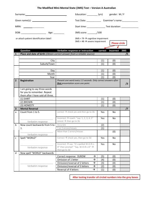 The Modified Mini-Mental State (3MS) Test â€“ Version A Australian