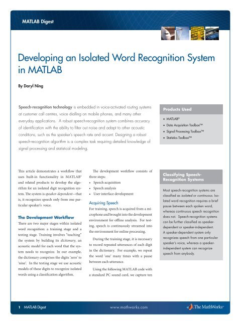 Developing an Isolated Word Recognition System in ... - MathWorks