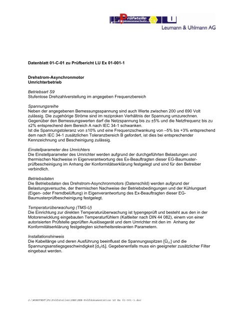 Datenblatt 01-C-01 zu Prüfbericht LU Ex 01-001-1 Drehstrom ...