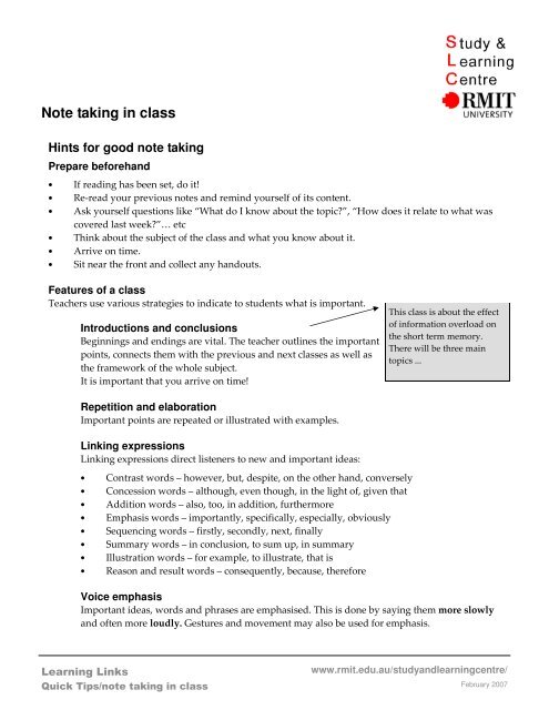 Note taking in class - RMIT University