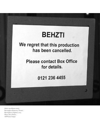 Behzti cancellation notice, Birmingham Repertory Theatre ... - Theater