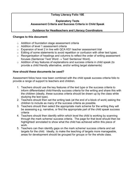 Torbay Literacy Folio 10E Explanatory Texts Assessment Criteria ...