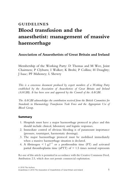 Blood transfusion and the anaesthetist: management of ... - aagbi