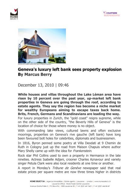 Geneva's luxury left bank sees property explosion By ... - Home Select