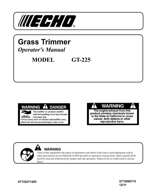 【18％OFF】 Grass Inc. Echo - GT-225 MODEL Manual Operator's – Trimmer 健康・医学