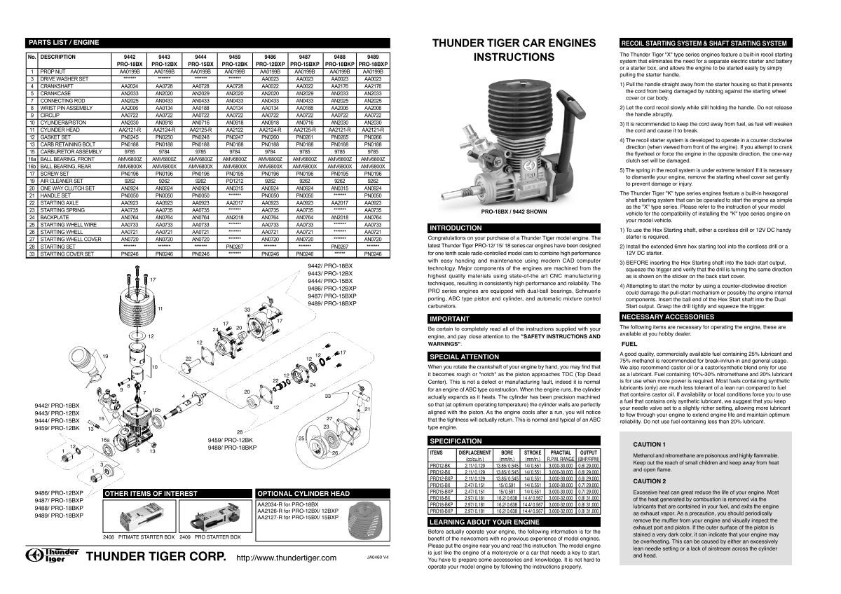 THUNDER TIGER CAR ENGINES INSTRUCTIONS