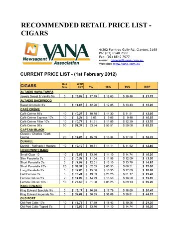 RECOMMENDED RETAIL PRICE LIST - CIGARS