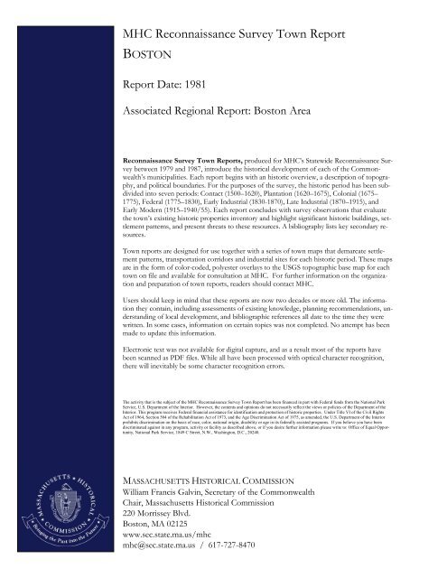 MHC Reconnaissance Survey Town Report - Secretary of the ...